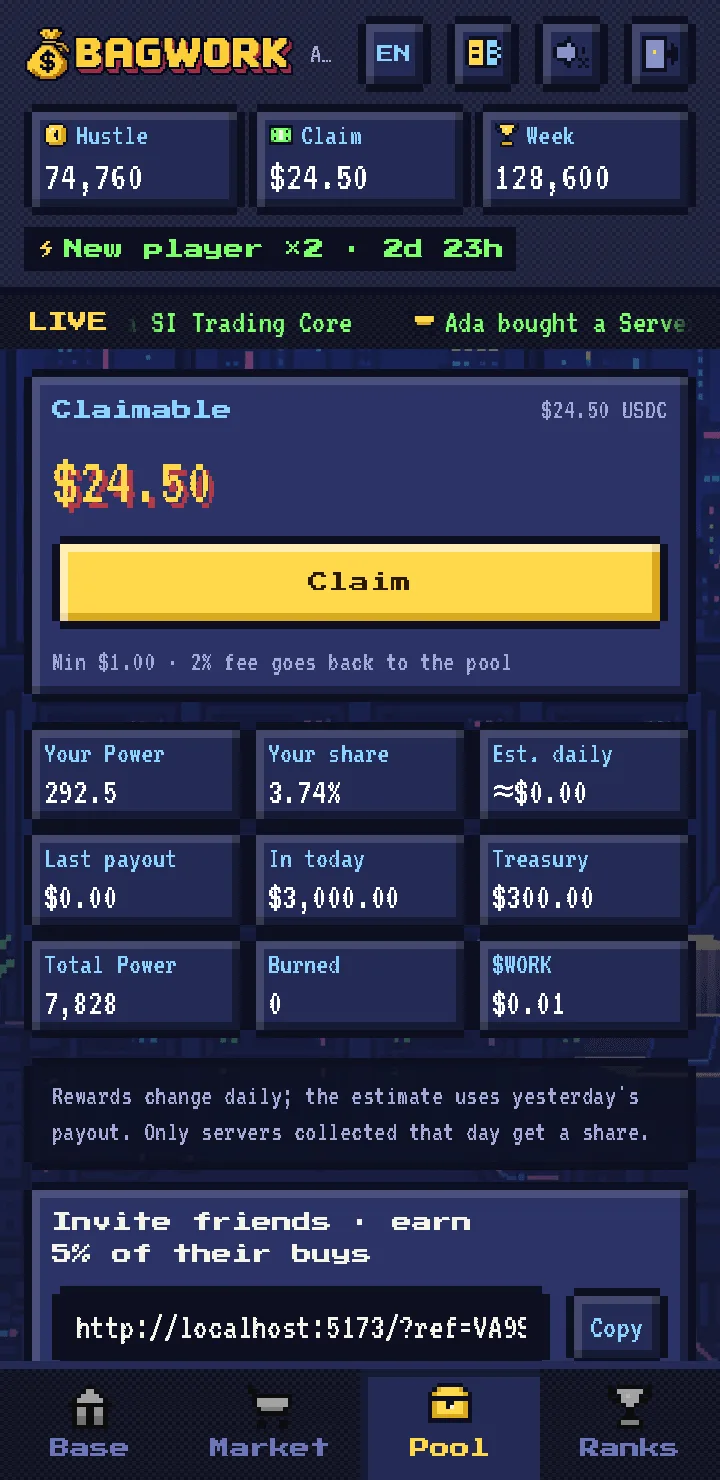 Pool screen with a claim button